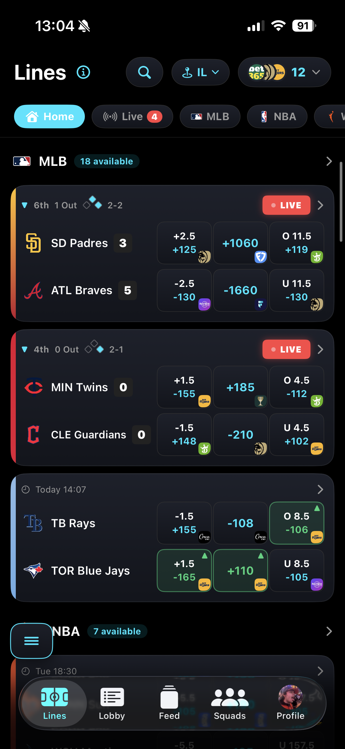 Live lines board with best prices across sportsbooks
